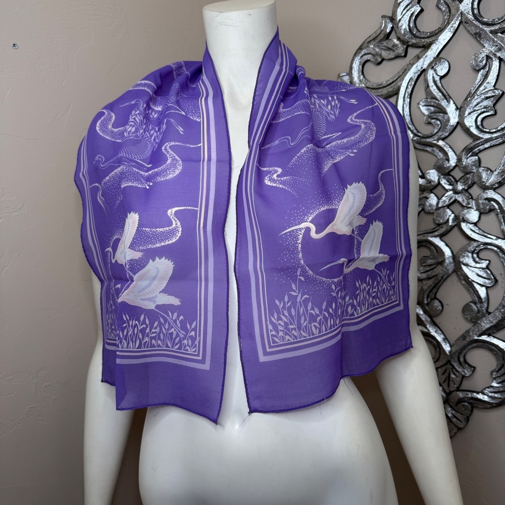 Vintage Japanese Cranes Purple Scarf Rectangle‎ 44 x 10 Sheer Paris Glamour